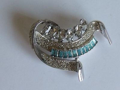 Paved Rhinestone Brooch Clear Marquise Sapphire Blue Baguettes 