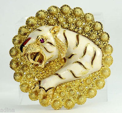   OPALESCENT ENAMEL RUBY ORNATE 18K BENGALI TIGER PIN BROOCH PENDANT