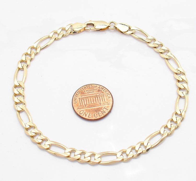 Mens Solid Figaro Chain Bracelet 14K Yellow Gold 6mm