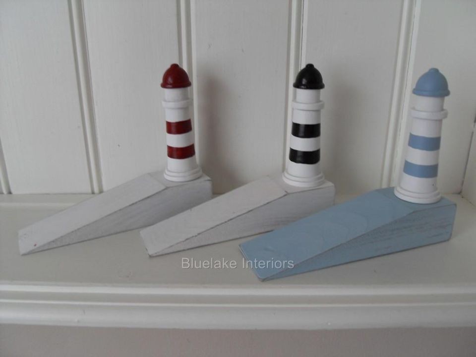 SHABBY WOOD LIGHTHOUSE DOOR WEDGE STOP RED BLUE BLACK AND WHITE 