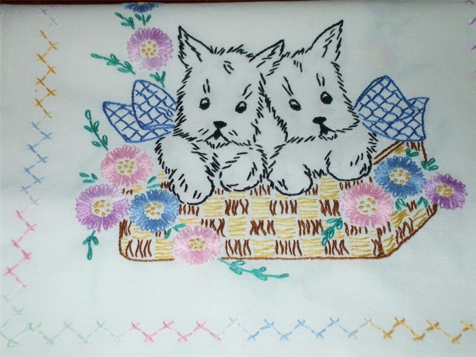 Vintage Cotton Runner~Embroid​ered Puppies In A Basket Of Flowers 