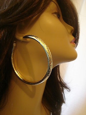 LARGE 3.5 IN HOOP EARRINGS GOLD TONE PIN DOT DESIGN HOLLOW HOOPS