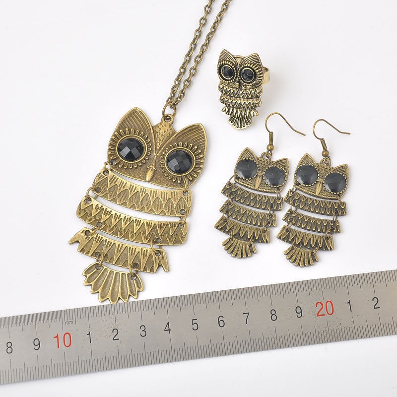 Fashion Jewelry Retro Brass VINTAGE Owl Earrings Ring Necklaces Sets 