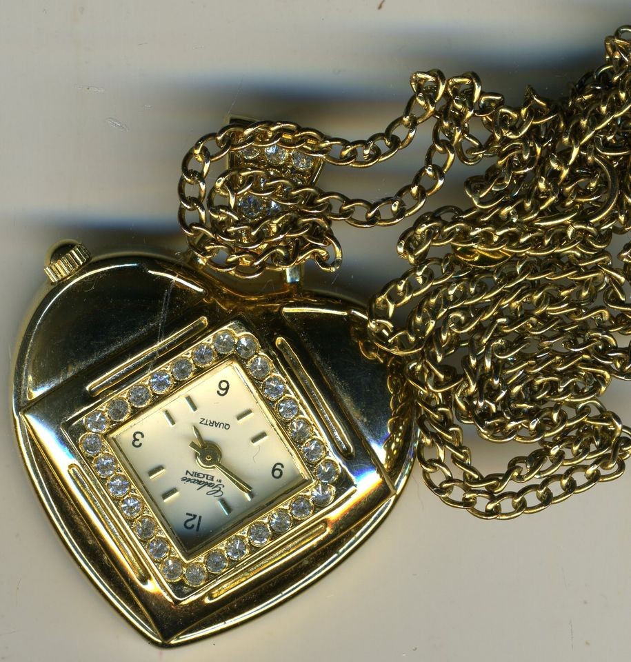 GALAXIE BY ELGIN HEART SHAPED PENDANT WATCH WITH CZ WITH CHAIN