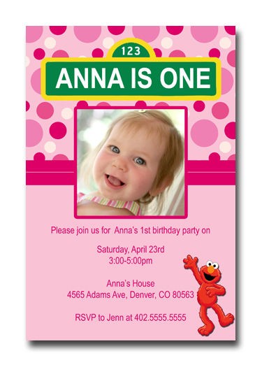   Photo Pink or Blue Sesame Street & Elmo Polka Dot Birthday Invitations