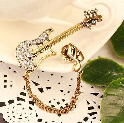   Punk Antique Bronze Crystal Guitar Music Note Collar Tip Brooch EMO