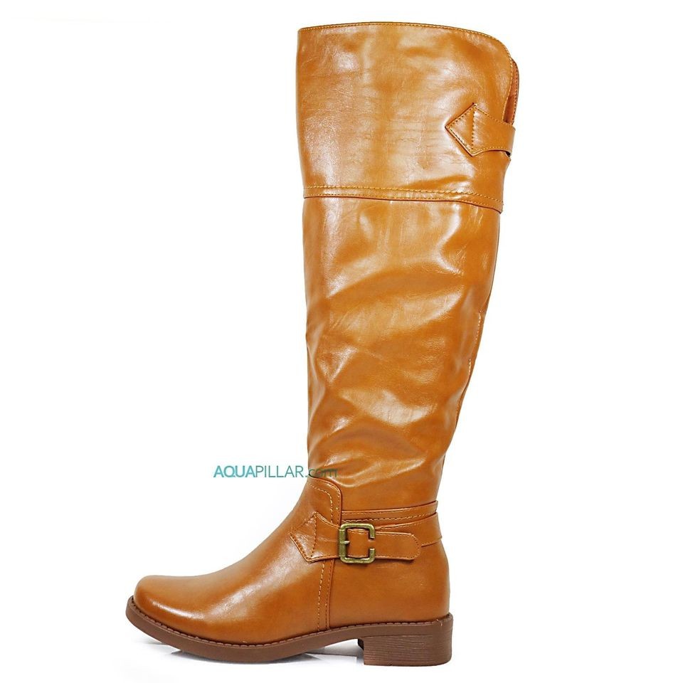   Tan P Leather Women Motorcycle/Equestrian Knee High Riding Flat Boot