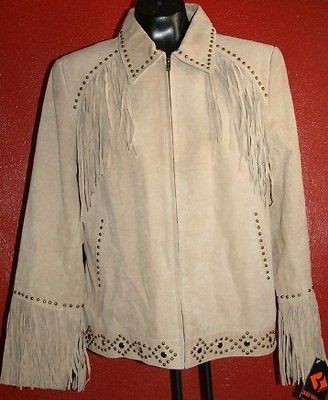 New Leather Jacket Womens Leather Jacket Beige Fringe Studded L XL 