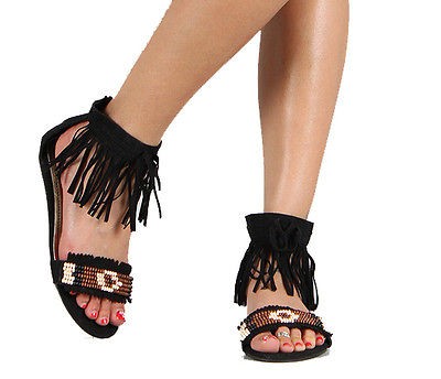   SUEDE FRINGE BEADS HIPPIE OPEN TOE WOMEN ANKLE LIGHT SANDAL SHOES 8.5