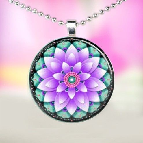 Lotus Flower Reiki Yoga Glass Tile Necklace Pendant D21