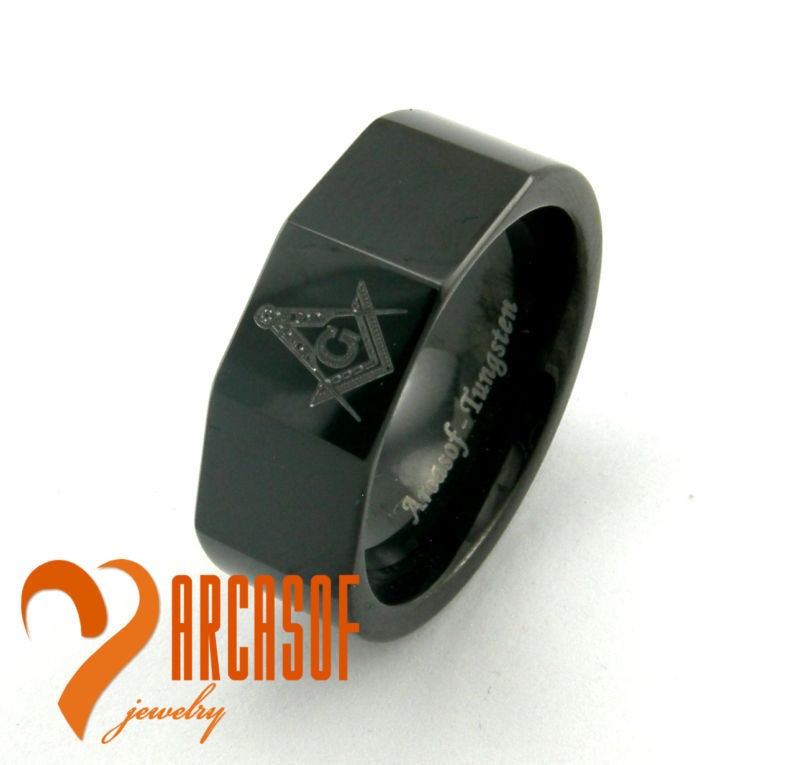 BLACK TUNGSTEN CARBIDE FREEMASON MASONIC RING 8 9 10 12