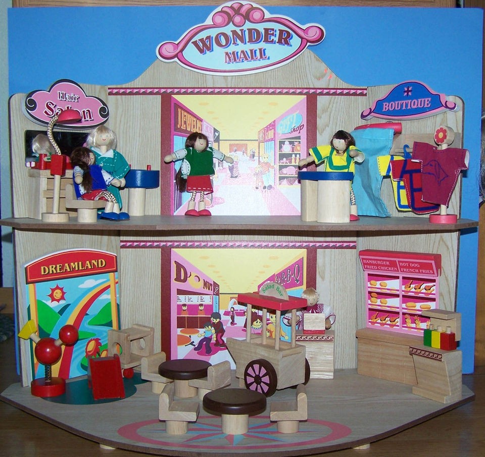 WOODEN WONDER 2 STORY MALL with HAIR SALON BOUTIQUE FAST FOOD TOYLAND 
