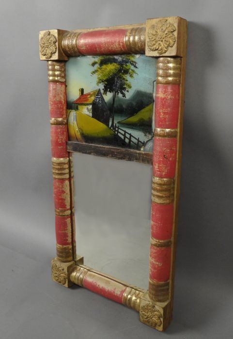   19c Red & Gold Original Surface Frame Eglomise Panel Landscape Mirror