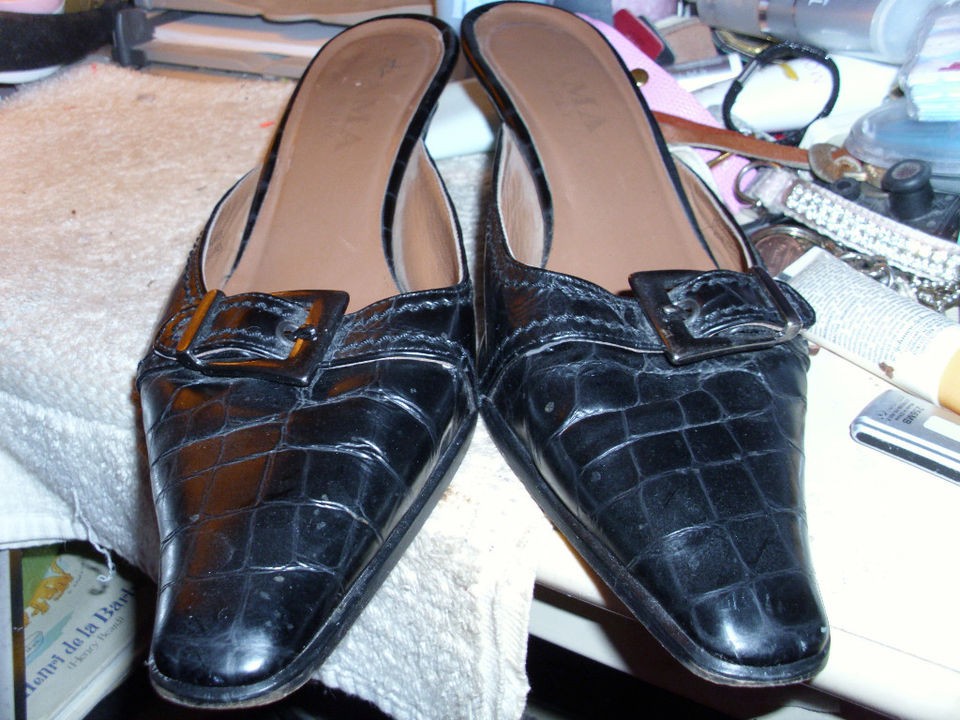 225 GAMA ITALY BLACK CROCODILE PATENT MULES CLOGS 7 B