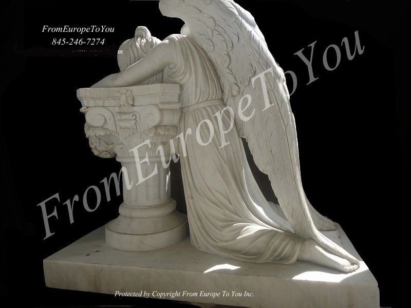 NICE WEEPING HAND CARVED MARBLE LAYING ANGEL STATUE