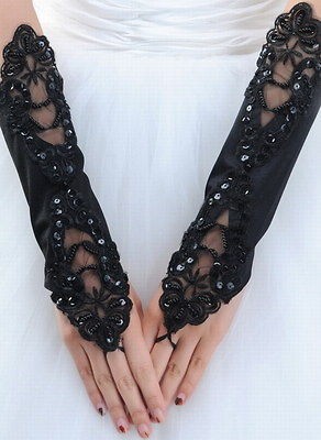   MOULIN ROUGE BLACK SATIN BEADED GAUNTLETS/GLOVES COMPLETELY STUNNING