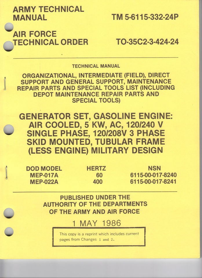 Generator Set, Gasoline 5 KW, Models MEP 017A, MEP 022A, Repair Parts