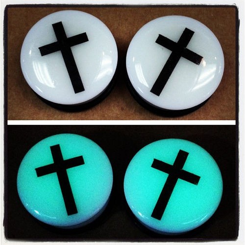 CROSS WHITE ACRYLIC GLOW IN THE DARK EAR PLUGS GAUGES SINGLE FLARE O 