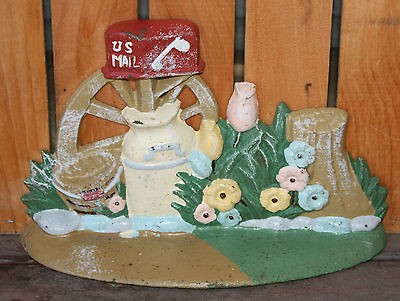 VTG. CAST IRON DOORSTOP FARM SCENE, MILK CANS, MAIL BOX, FLOWERS