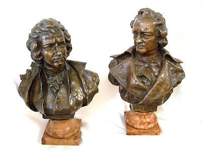 ANTIQUE PAIR OF AUSTRIAN BRONZE BUSTS OF MOZART & GOETHE