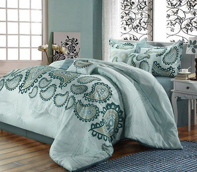 TAJ AQUA,TEAL&GOLD OVERSIZED 8 PCS KING SIZE COMFORTER SET,NEW