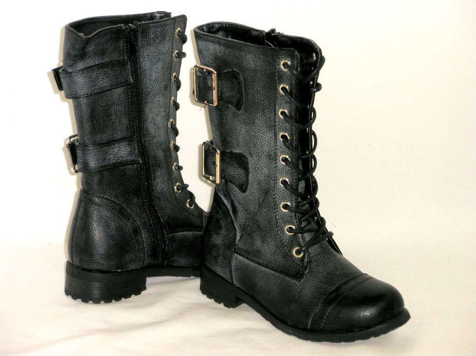 Girls Adjustable *Lace Up 2 Buckle* Combat Military Kids Boots BLACK