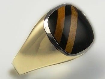 MENS 14K GOLD (GP) BLACK ONYX AND TIGERS EYE STRIPES RING