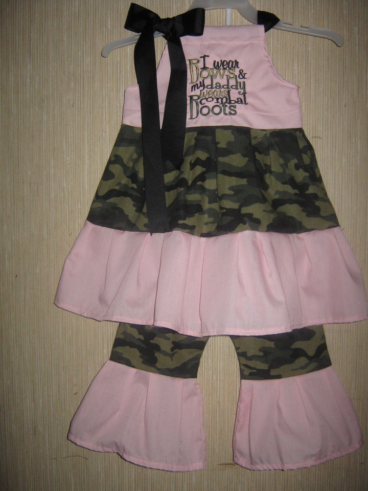 Girls Bows and Daddys Combat Boots Pink Camo Outfit Ribbon bow tie 