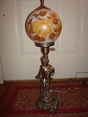 VTG CHERUB BANQUET TABLE LAMP W HNDPTD GLASS BALL SHADE