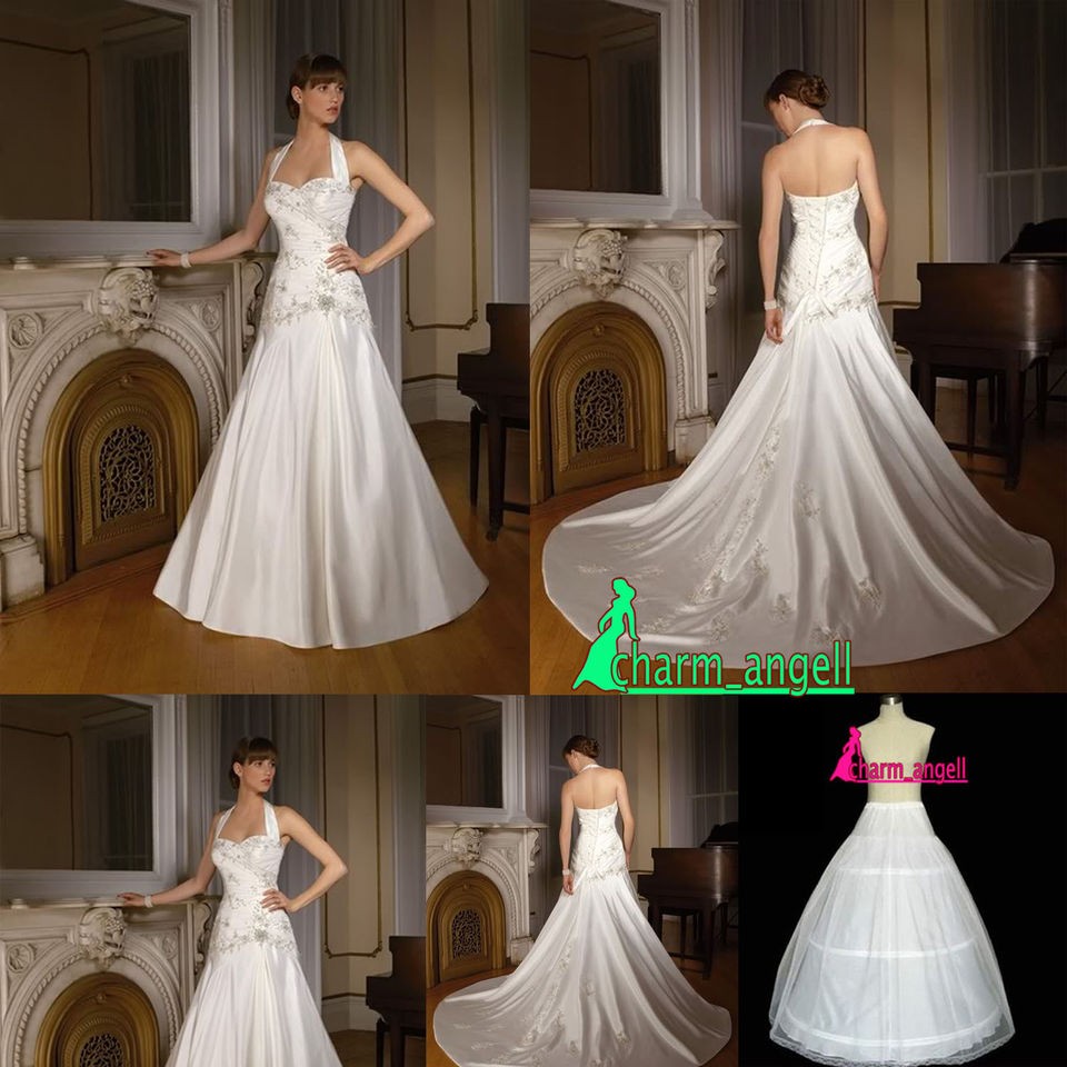    Ivory Satin Halter Neck Wedding Dress Bride gowns Size 8/10/12/14/16