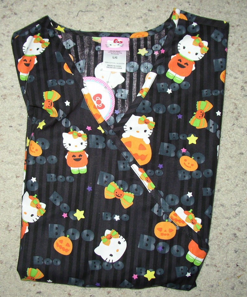 NEW WOMENS HALLOWEEN SCRUBS TOP BLACK HELLO KITTY M L XL