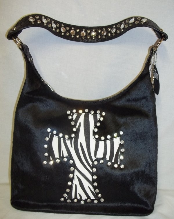   Print Rhinestone Cross Faux Cowhide Fur Hobo Style Purse FREE SHIP