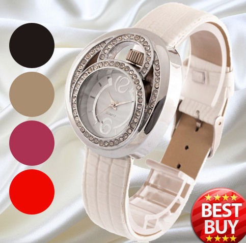   Jewel Crown Hour Analog Dial Lady Girl Wrist Watch Leather Band Quartz