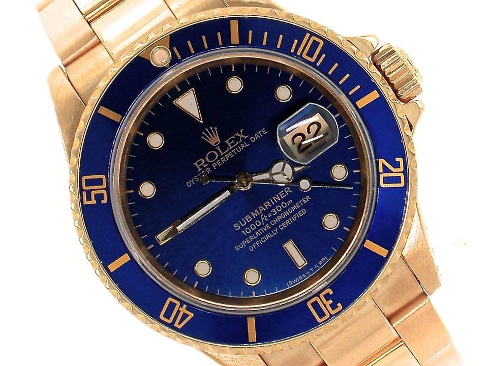 ROLEX MENS 18K GOLD BLUE 16618 SUBMARINER 40MM BLUE DIAL WATCH