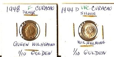 Curacao 1944 and 1948 Silver 1/10 Gulden Coins, Excellent Condition