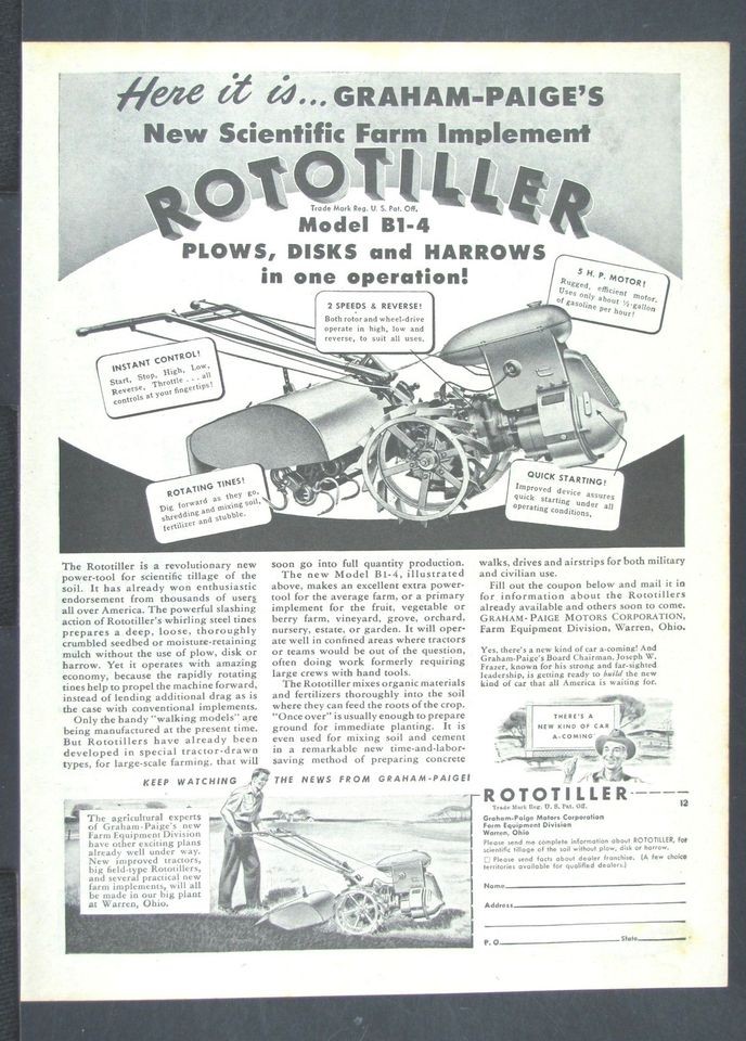   GRAHAM PAIGE Rototiller Farm Garden Tiller Cultivator magazine Ad w377