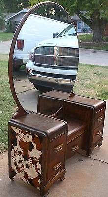 Vintage Western Waterfall Lowboy Vanity/Wood Bed Frame Faux Cow Hide