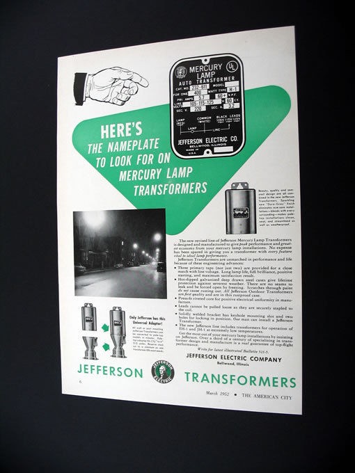 Jefferson Mercury Lamp Transformers 1952 print Ad