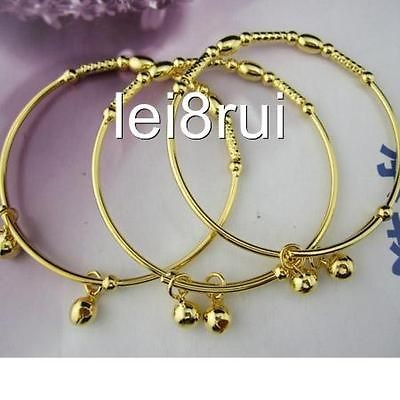 3PCS babys 18k yellow gold filled bangle childrens bracelet 2 bells 