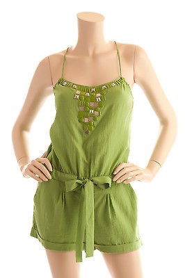 BCBG MAX AZRIA ARTICHOKE GREEN AZTEC BEADED HALTER ROMPER SIZE L