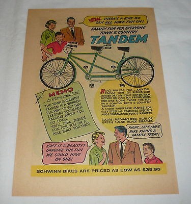 1959 Schwinn bicycle cartoon ad page ~ TANDEM Town+Country