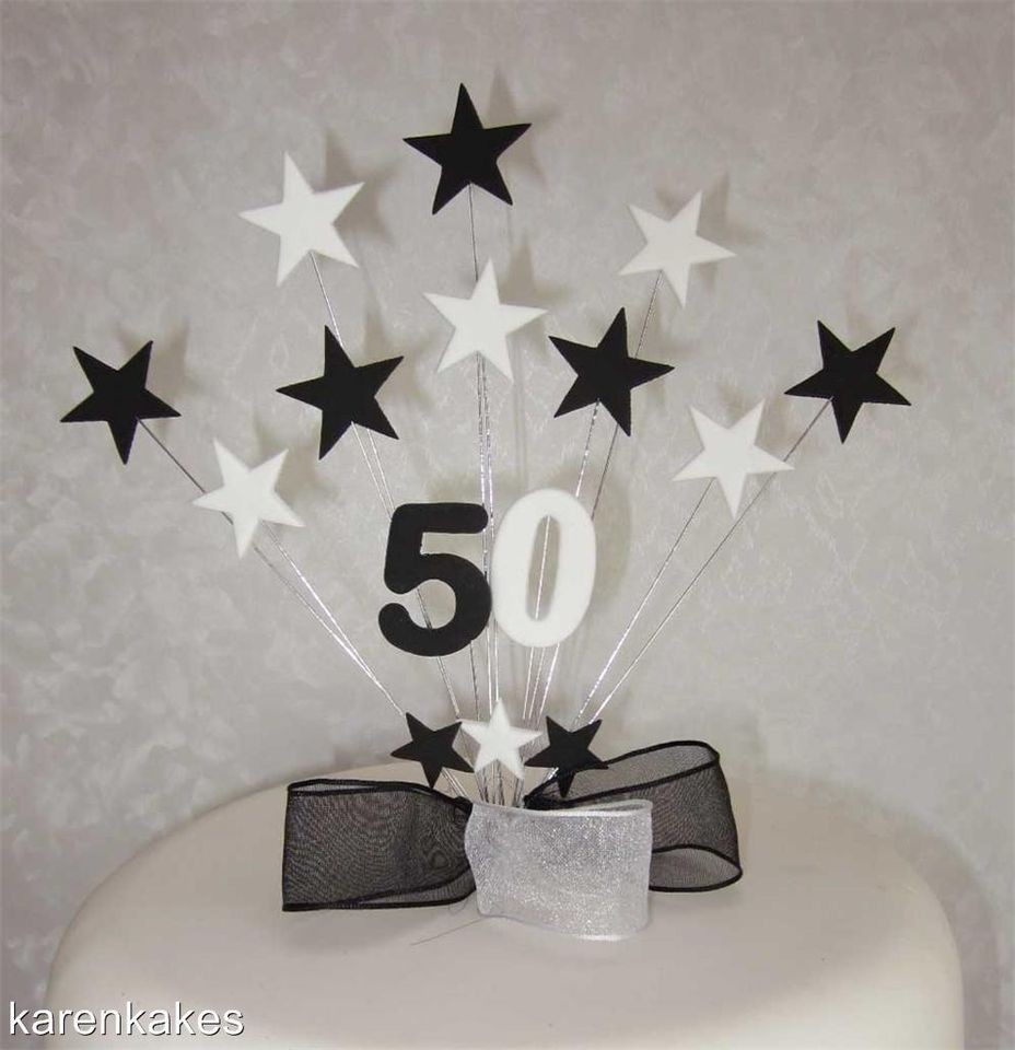 BLACK & WHITE STAR BIRTHDAY CAKE TOPPER  ANY AGE 13th 16th 18th 21st 