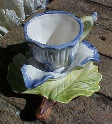 vintage majolica BLUE FLOWER cup & saucer DEMITASSE italy capodimonte 