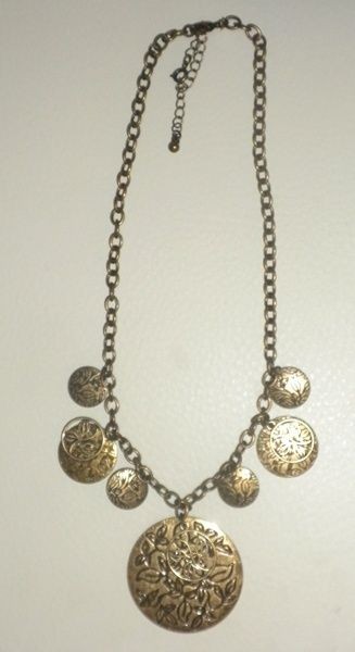   Brass Gold Coin Disc Circle Leaves Leaf Engraved Chain Necklace by