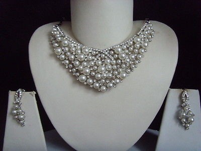   BOLLYWOOD COSTUME JEWELLERY NECKLACE EARRINGS PEARLS SET NEW BRIDAL