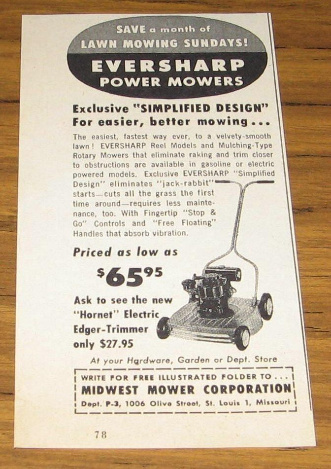 1954 VINTAGE AD~EVERSHARP POWER PUSH LAWN MOWERS