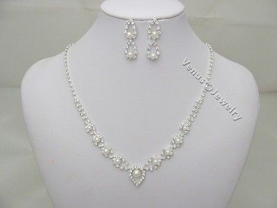   PEARL CRYSTAL Wedding Bridal NECKLACE EARRINGS SET Brides Maid Gift