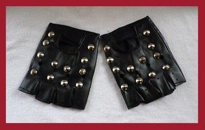 NEW BLACK BIKER GOTH SILVER EMO SPIKE FINGERLESS GLOVES