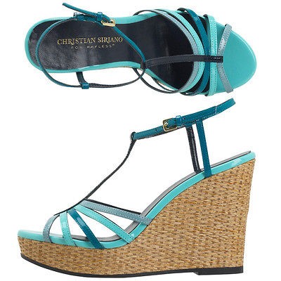 Christian Siriano Blue Turquoise T Strap 4 inch Wedge Heel Size 12 