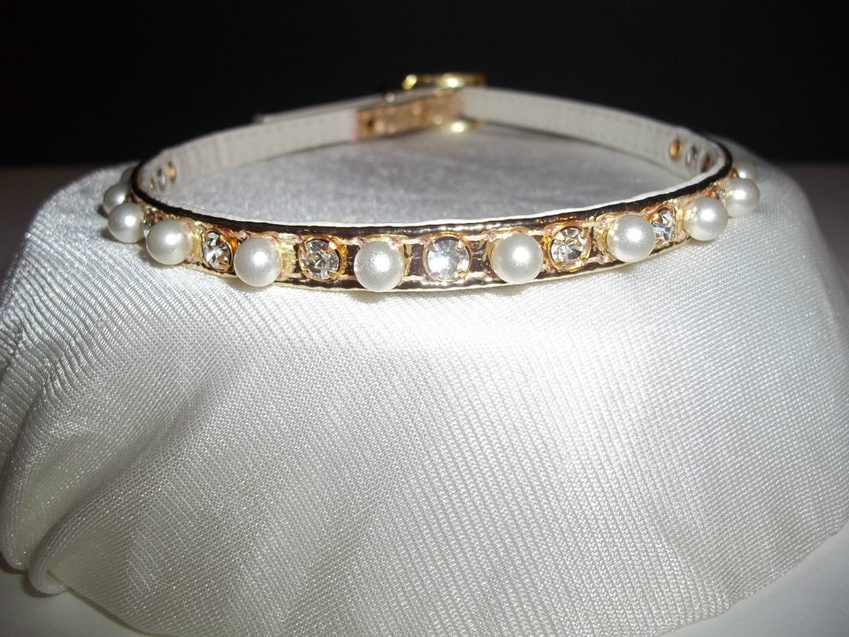 RHINESTONE BLING DOG Pet PUPPY cat COLLAR GOLD Metallic Pearl 4 sizes